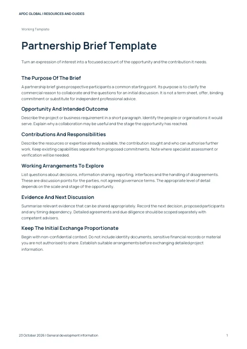 Cover of the APDC Partnership Brief Template PDF